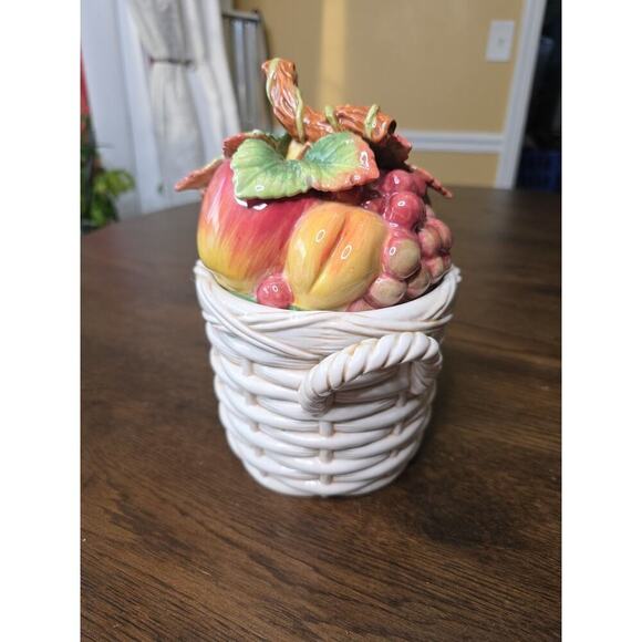 Fitz & Floyd Basket Weave Cookie Jar / Canister - Apple Plums Pear Grape 9 X 7 - Picture 14 of 16